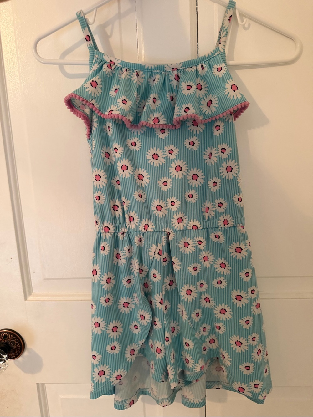 Girls' Aqua Floral Ruffle Romper with skirted back